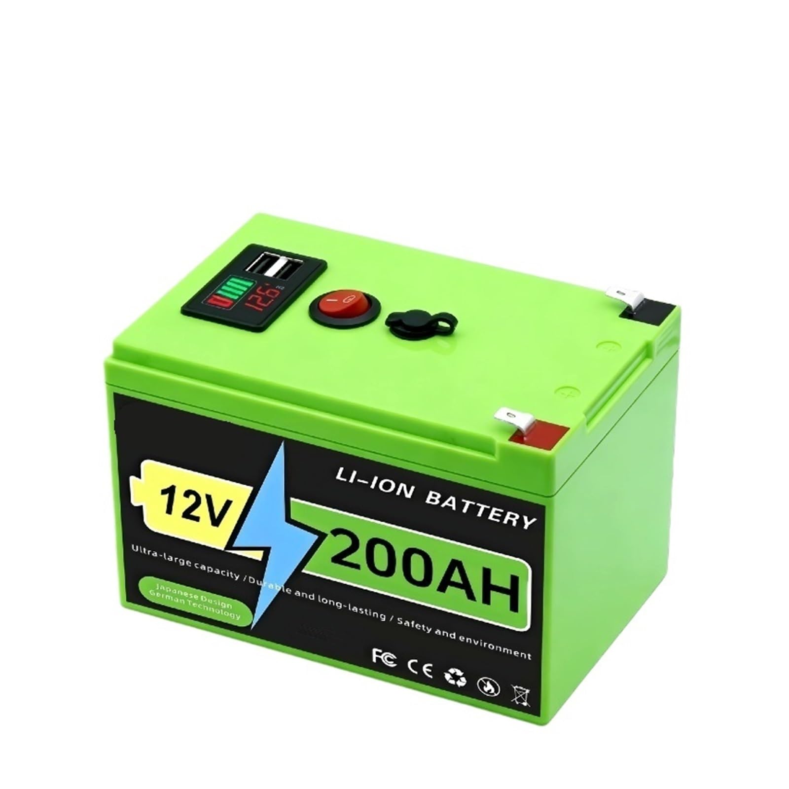 Batería solar LiFePO4 de 12V y 200Ah, litio BMS incorporado recargable de ciclo profundo de 200000mAh for ruedas eléctricas, scooters y buscadores de peces(200Ah x1 Charger x1)