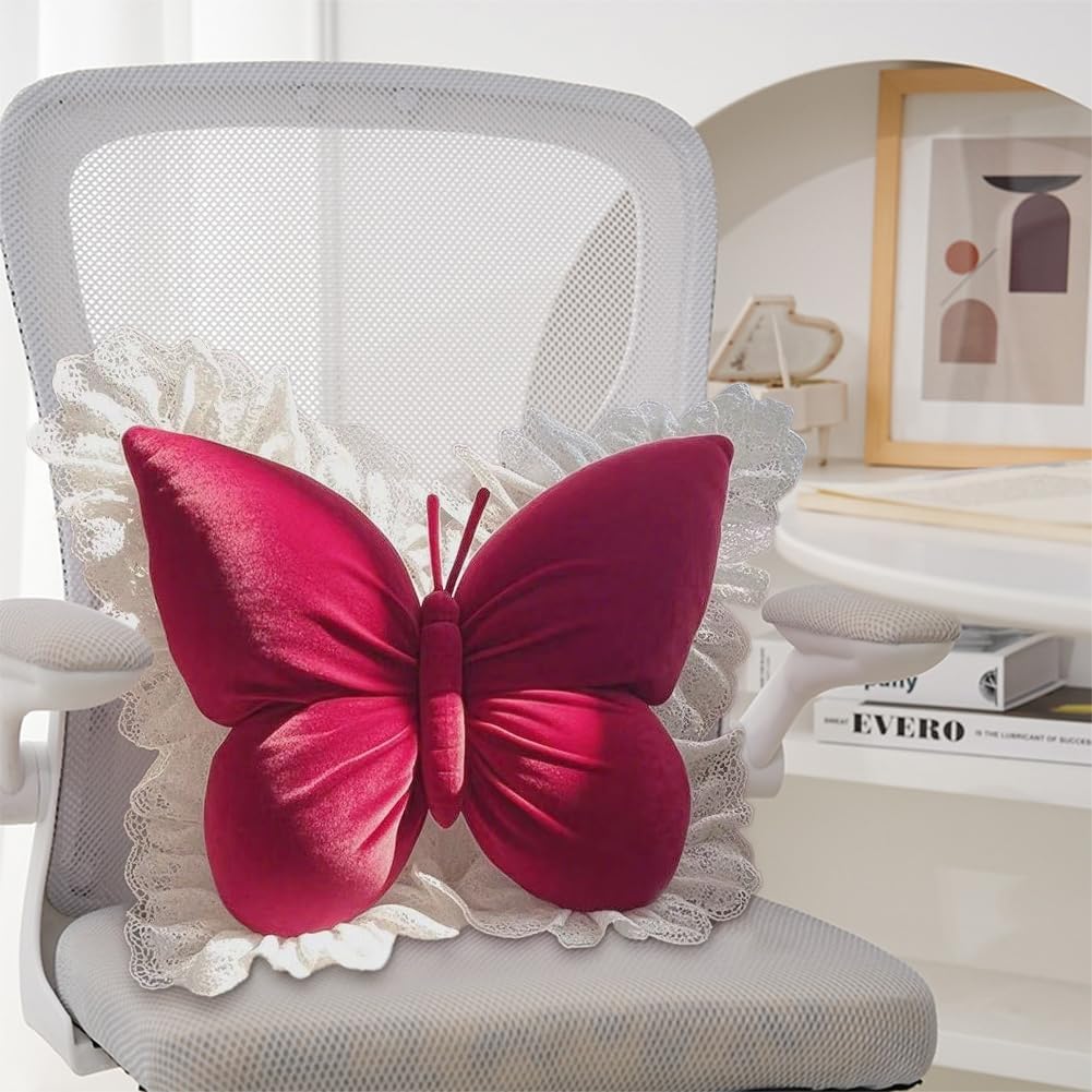 Butterfly Throw Pillow, Butterfly Shaped Decorative Pillow for Sofa Couch Bed, Plush Velvet Lumbar Support Cushion for Office Chair & Car Seat (Red)