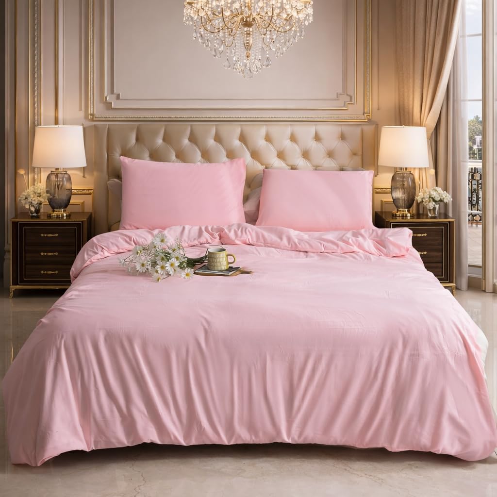 Charkhah Baby Pink Single Size Duvet Cover Set | Soft Microfibre Bedding Set With 1 Pillowcase | Reversible Quilt Cover With Zip Closure | Easy Care, Breathable | Uk Size 135 X 200 Cm