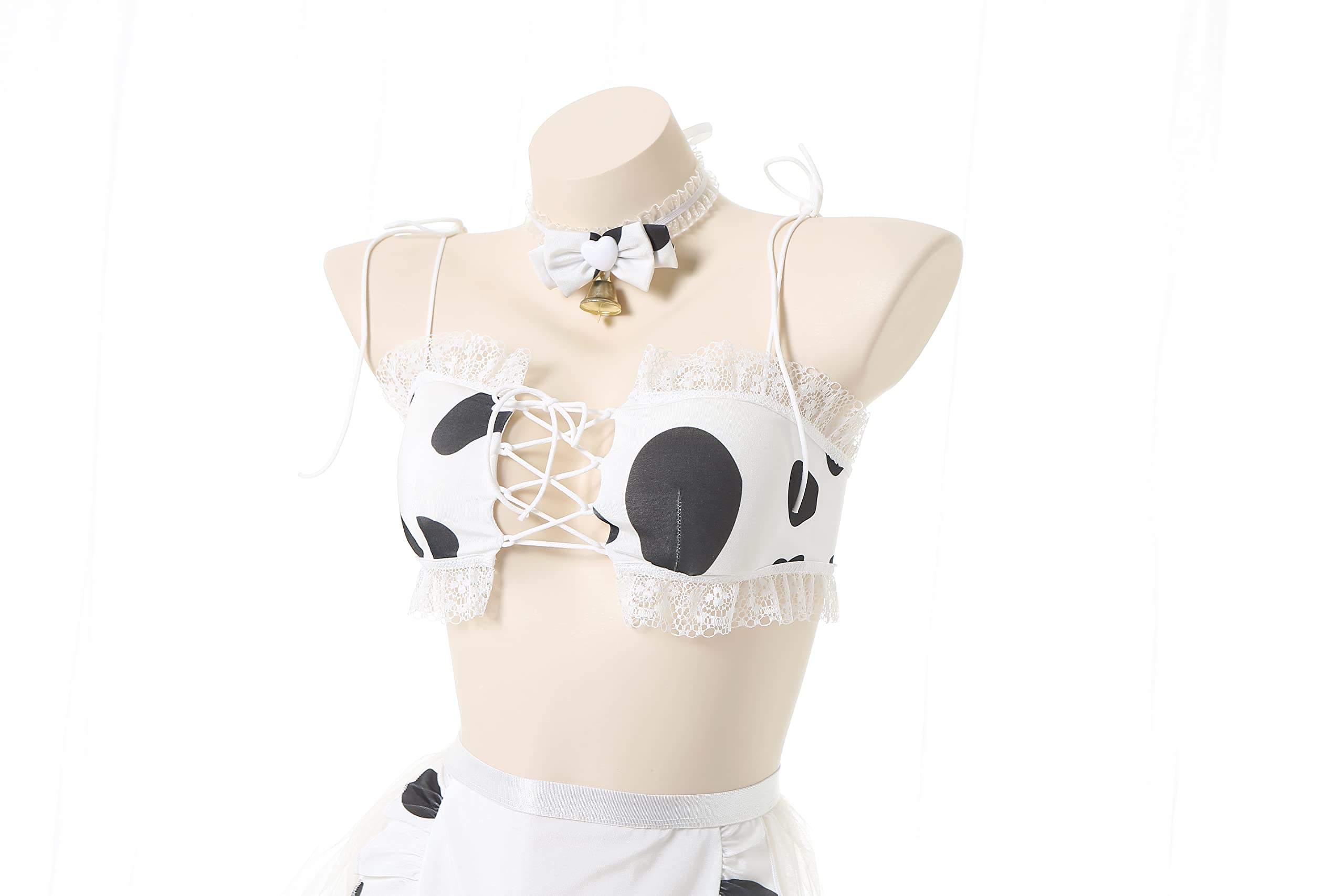Jilneed Japanese Lolita Lingerie Set Women Kawaii Cow Print Anime Role Playing Maid Costume Sexy Bikini Underwear Set: Medium Black