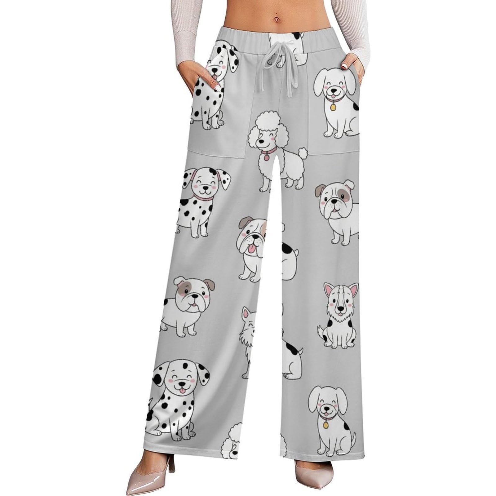 Womens Pants Elastic High Waisted Boston Terrier Puppy Head Palazzo Casual Wide Leg Lounge Pants for Women