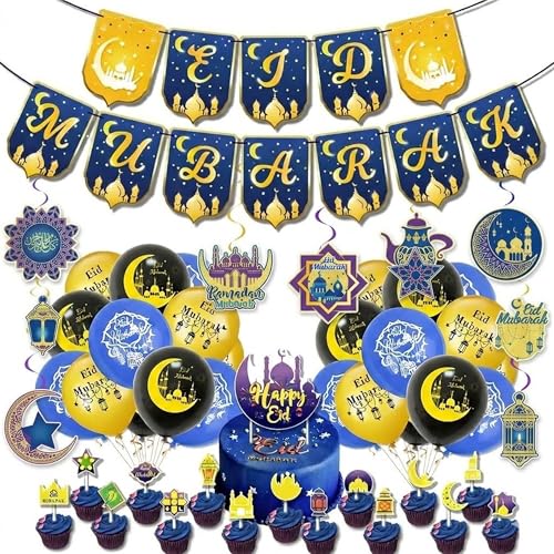 Eid Mubarak Decorations Set 72 PCS - Blue & Gold Ramadan Decorations for Home with Eid Mubarak Banner 18 Latex Balloons Cake Toppers & Hanging Swirls - Complete Eid Al-Fitr Party Supplies Kit