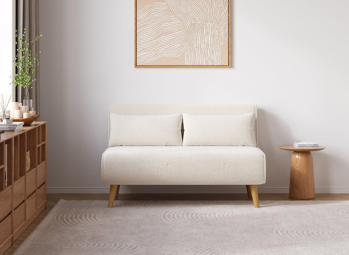 DecoInParis Banquette Convertible 2 Places en Tissu Effet Peau de Mouton Blanc écru Tonka