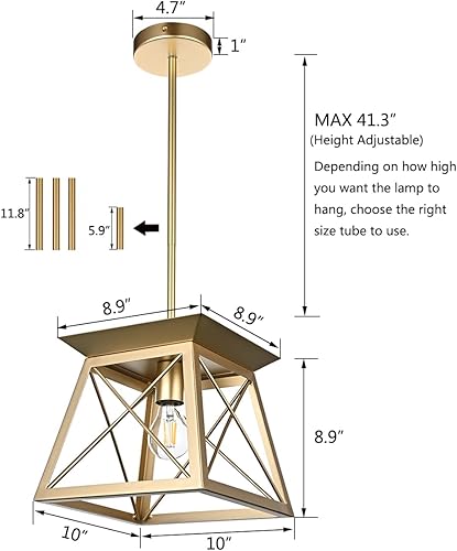 Miniatura 2 de A1A9 Candelabro de casa de campo dorado, moderno geométrico industrial, colgante de isla de cocina, 1 luz para comedor, pasillo, entrada, vestíbulo,