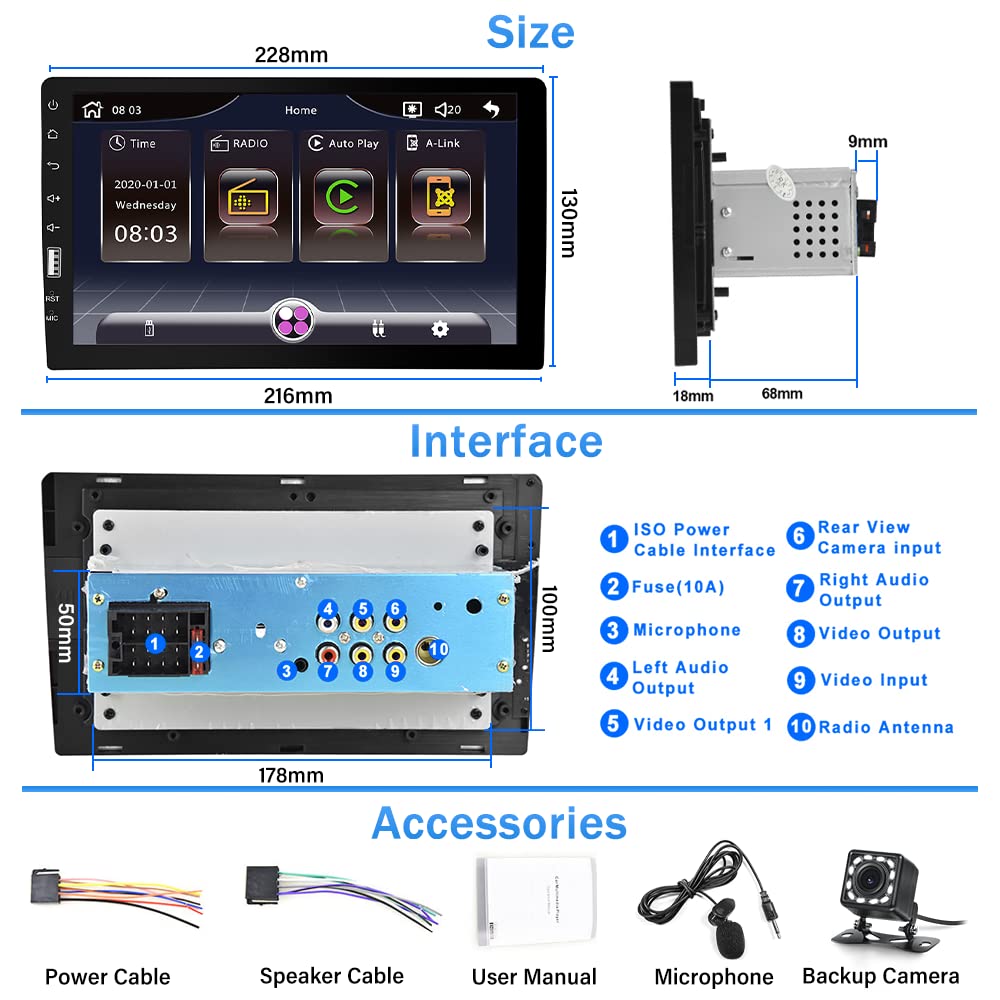 9 Pulgadas Autoradio 1 DIN con Carplay Android Auto Mirror Link, Pantalla Táctil Bluetooth Radio Coche Soporta FM Am SWC Cámara de Seguridad Mic USB TF/USB/AUX Input