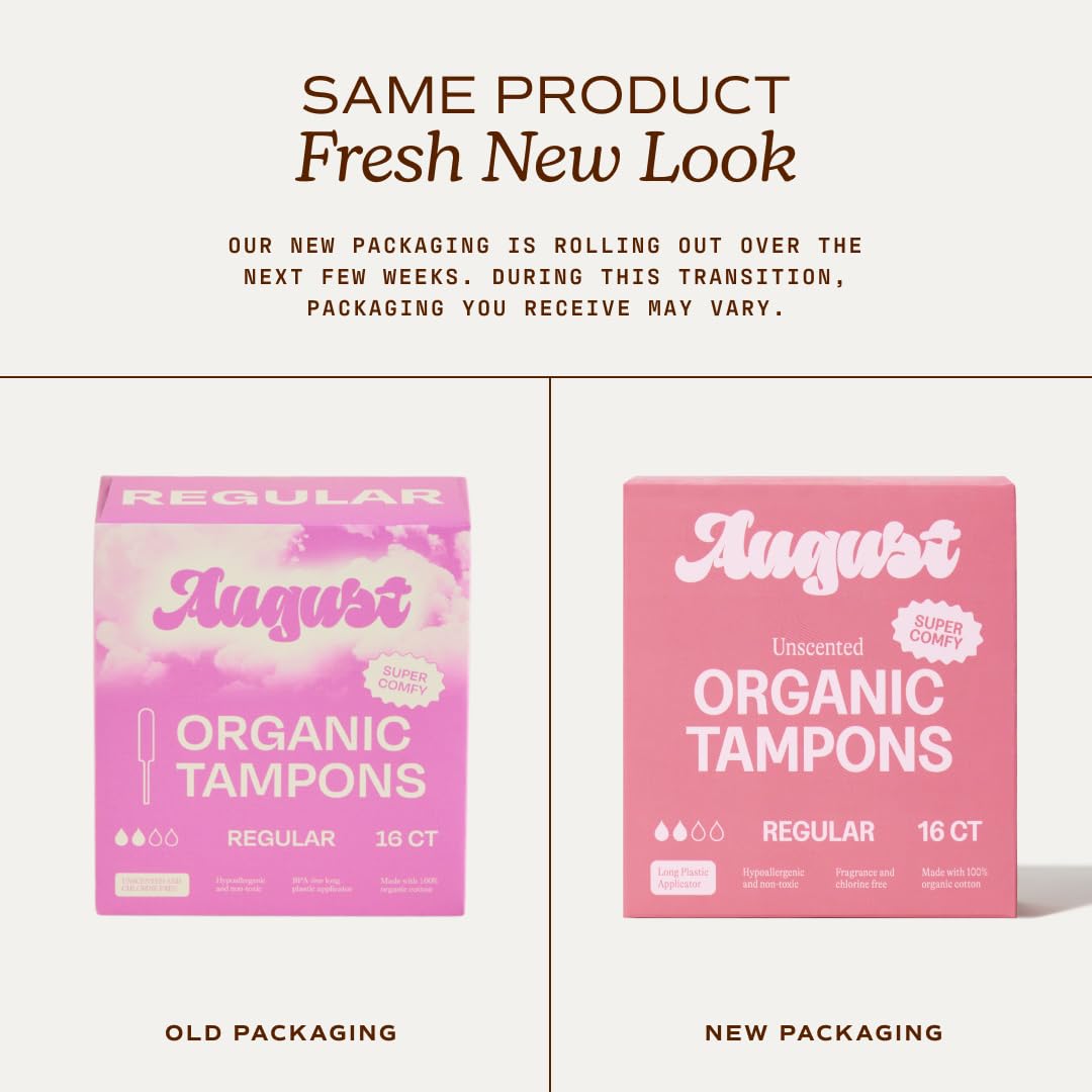 August Regular Tampons - 24-Pack 100% Organic Cotton Tampons for Women and Anyone Who Menstruates, Non-Toxic, Fragrance-Free, and Hypoallergenic with Long Applicators