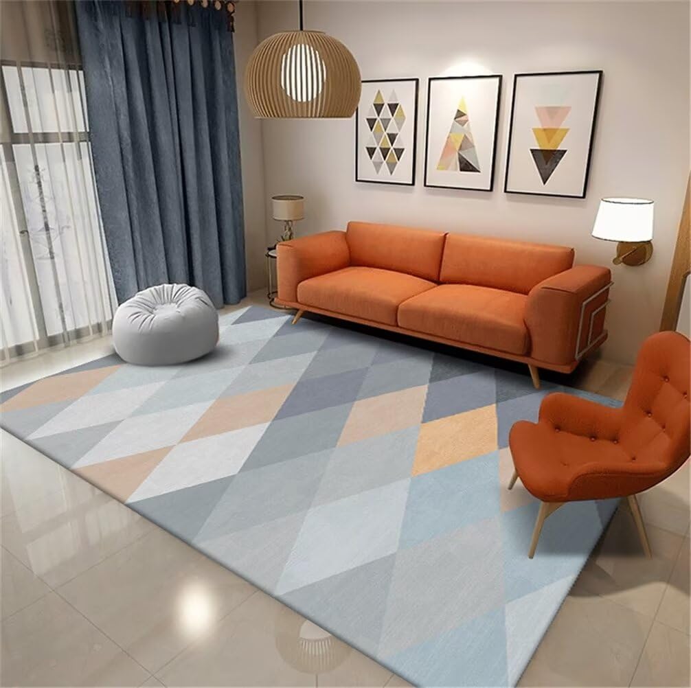 Tapis grande taille salon au motif géométrique moderne gris et bleu 50x80cm