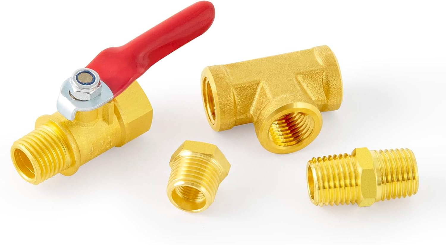 ChillWaves 1/4" NPT Brass Pipe Fitting Kit, 2 × Ball Valve，2 × Hex Bushing，2 × Hex Nipple，2 × Tee，Air Hose Fiting Kit Thread Adapter(8-PACK)