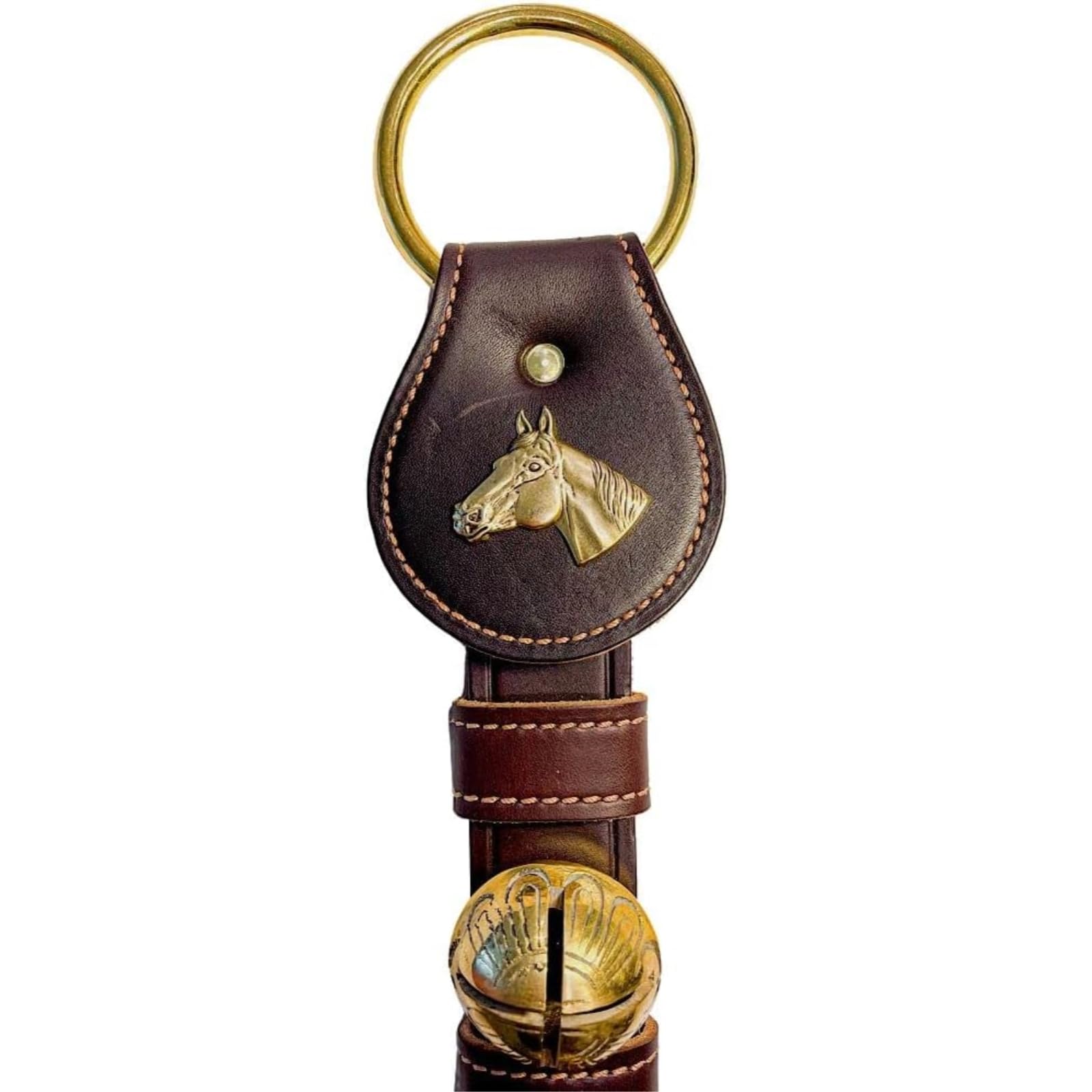 Home and Holiday Shops Horse Head Charm Brown Leather Strap Sleigh Bell Door Hanger Made USA 15 Inch
