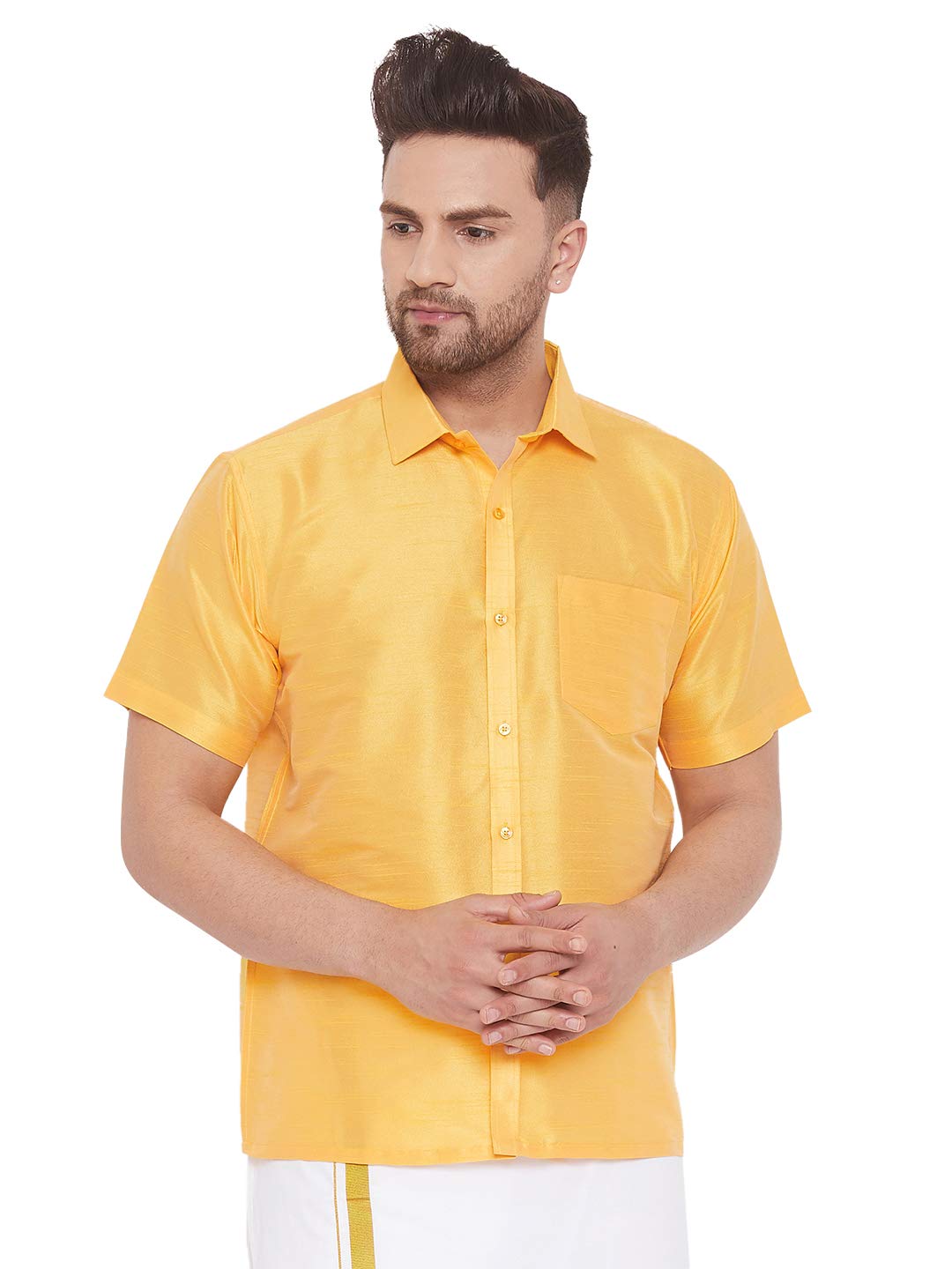 VASTRAMAY Men's Silk Blend Ethnic Shirt - Half Sleeves, South Indian Traditional Shirt for Weddings, Festivals, & Casual Wear