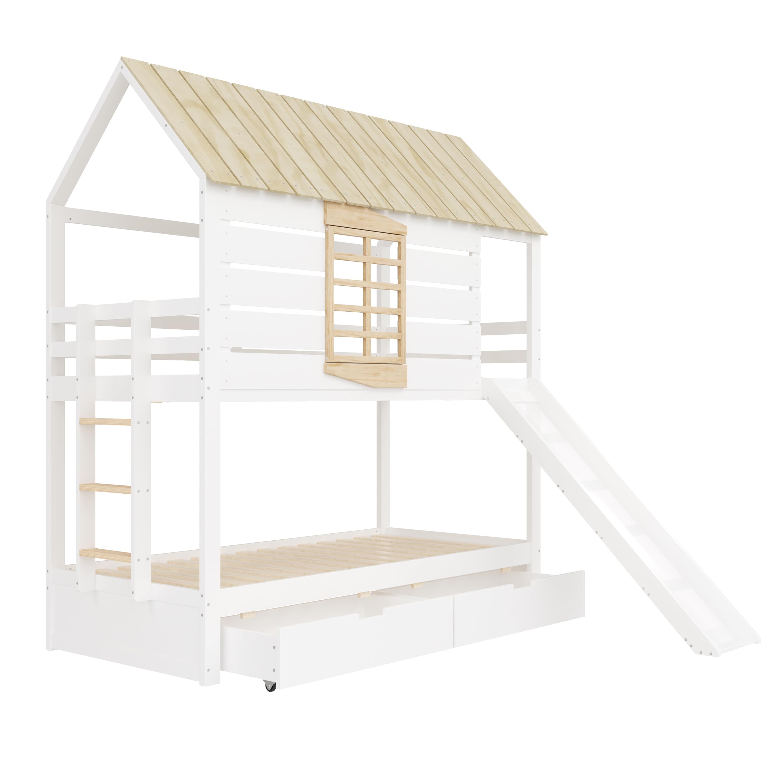 Letto a soppalco basso con scivolo, letto a soppalco con scivolo, 90x200 letto singolo con 2 cassetti, scala e protezione dalle cadute, senza materasso (bianco+naturale)