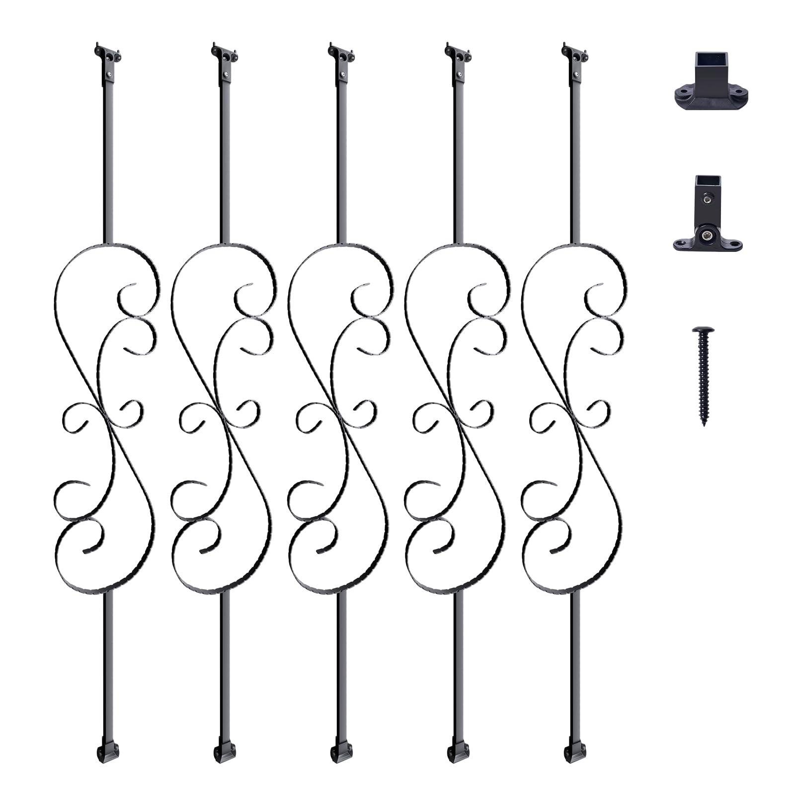 VEVOR Staircase Metal Balusters, 44'' x 1/2" Galvanized Steel Decorative Banister Spindles, 5 Pack S Shape Deck Baluster, Hollow Satin Black Spiral Stair Railing with Shoes & Screws