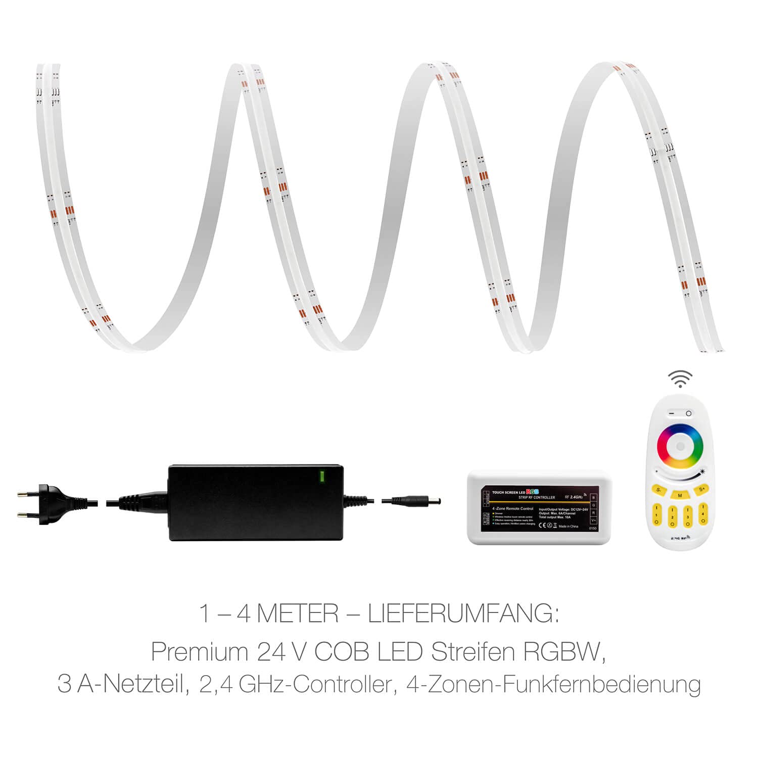 LED Universum Tira LED COB de 4 zonas, RGB-W, con mando a distancia, controlador y fuente de alimentación, filamento prémium, 24 V, IP20 RGB-WW, multicolor (7 metros)