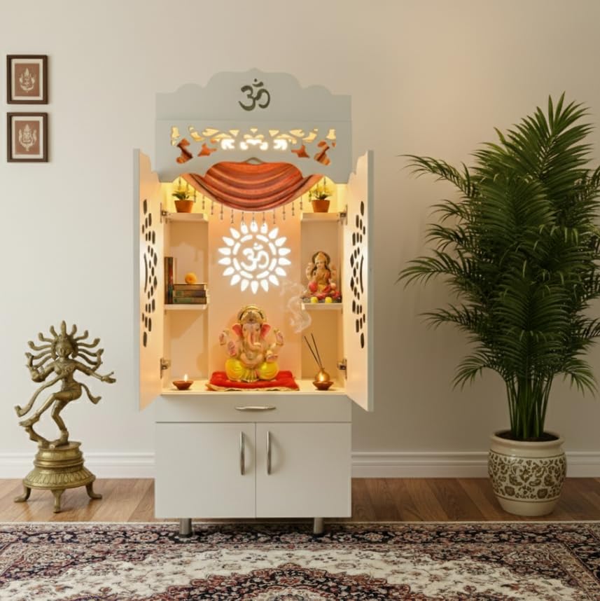 Wooden Temple for Home | 145x60x35 cm | Pre-Assembled Modern Pooja Mandir with LED Light, Storage Cabinet & OM Design | Engineered Wood Pooja Stand for Living Room & Offices | Devghar