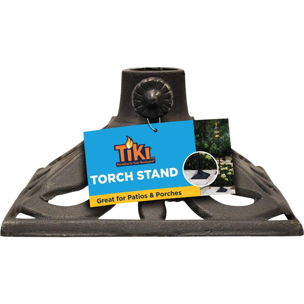 TIKI Cast Iron Torch Stand – Heavy-Duty, Freestanding & Weather-Resistant Torch Base for Patio, Garden, Deck & Backyard – Fits Torch Poles 0.75" to 1.25" – 9" x 9", Black