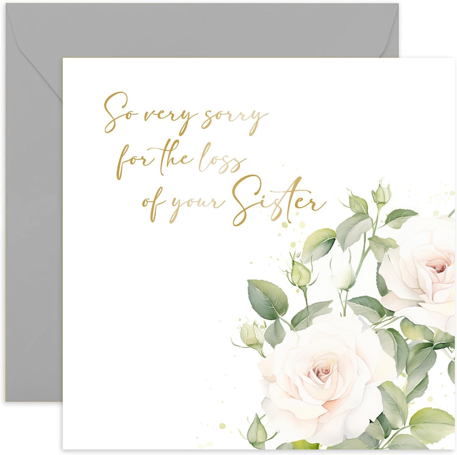 Very Sorry For The Loss of Your Sister Card - White Roses Painting Sympathy Condolences Card - Thinking of You, Bereavement, Mourning | Blank Inside