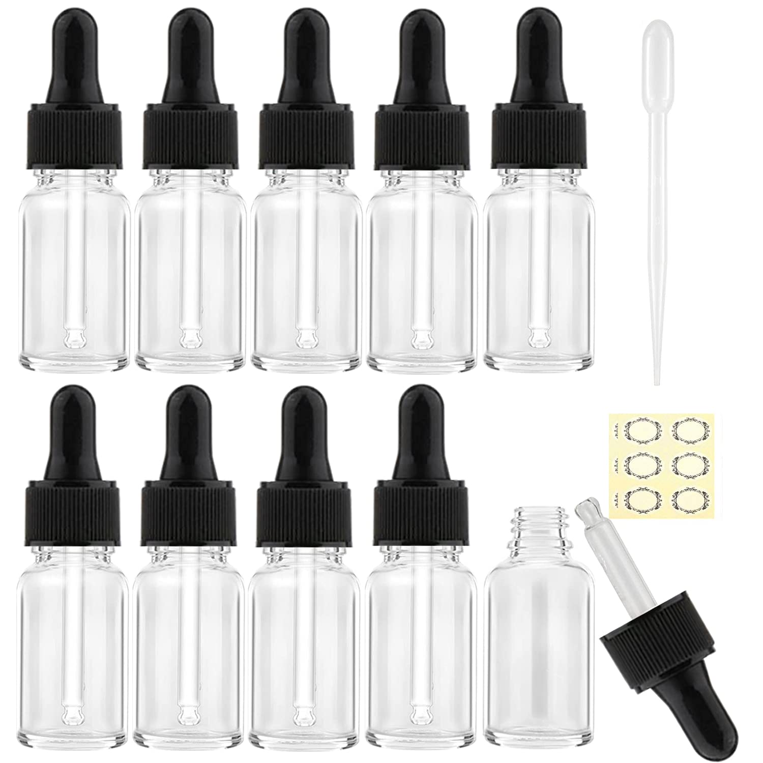 Alledomain 10Pcs, 10Ml Transparent Glass Bottles with Dropper Pipettes, Mini Empty Dropper Bottles Plastic Black Cap Refillable Sample Container for Essential Oil/Aromatherapy Blends/Chemical Liquid