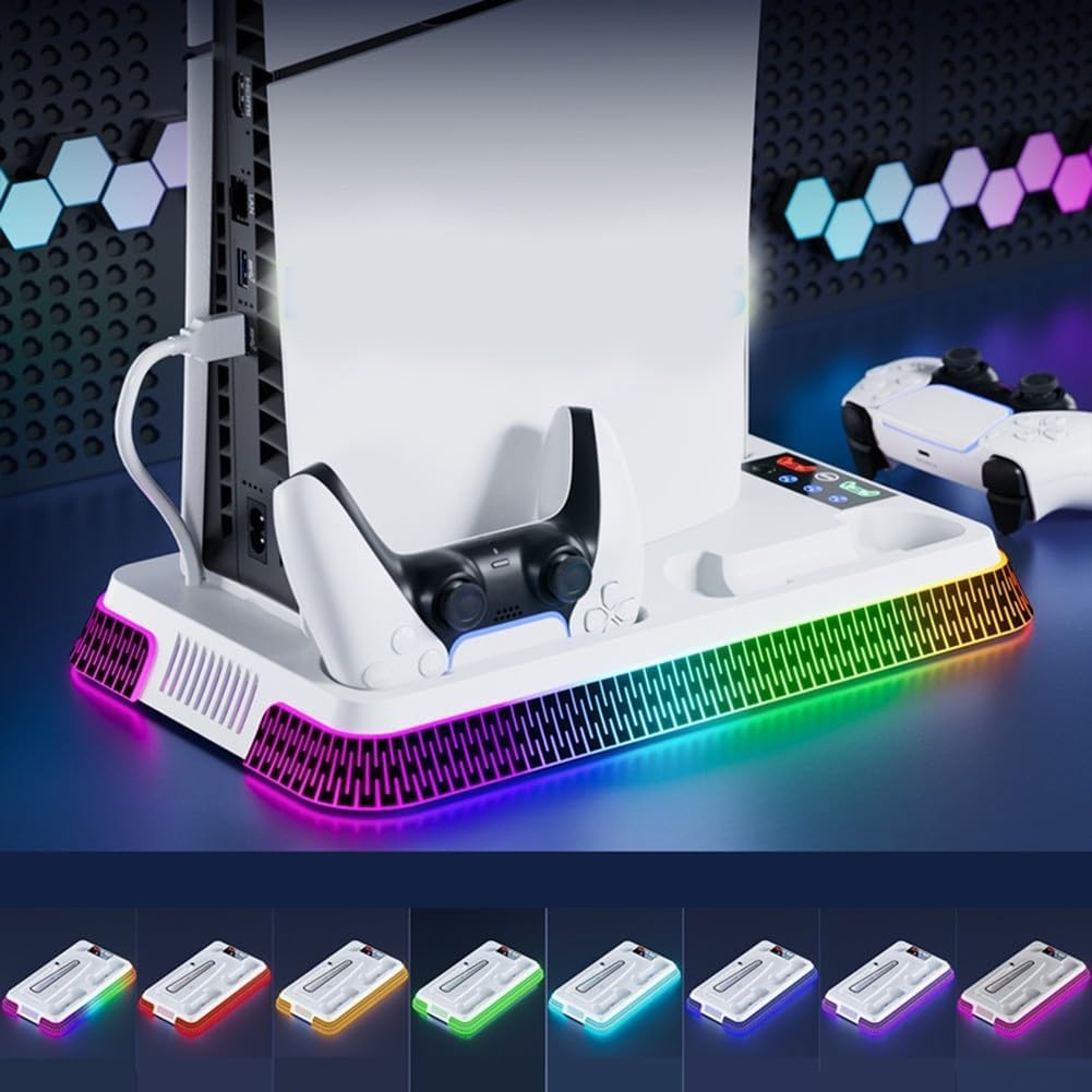 Supporto sottile e stazione di raffreddamento con controller LED stazione di ricarica per console PlayStation 5 Pro, caricatore doppio controller per PS5 Pro, ventola di raffreddamento, supporto per
