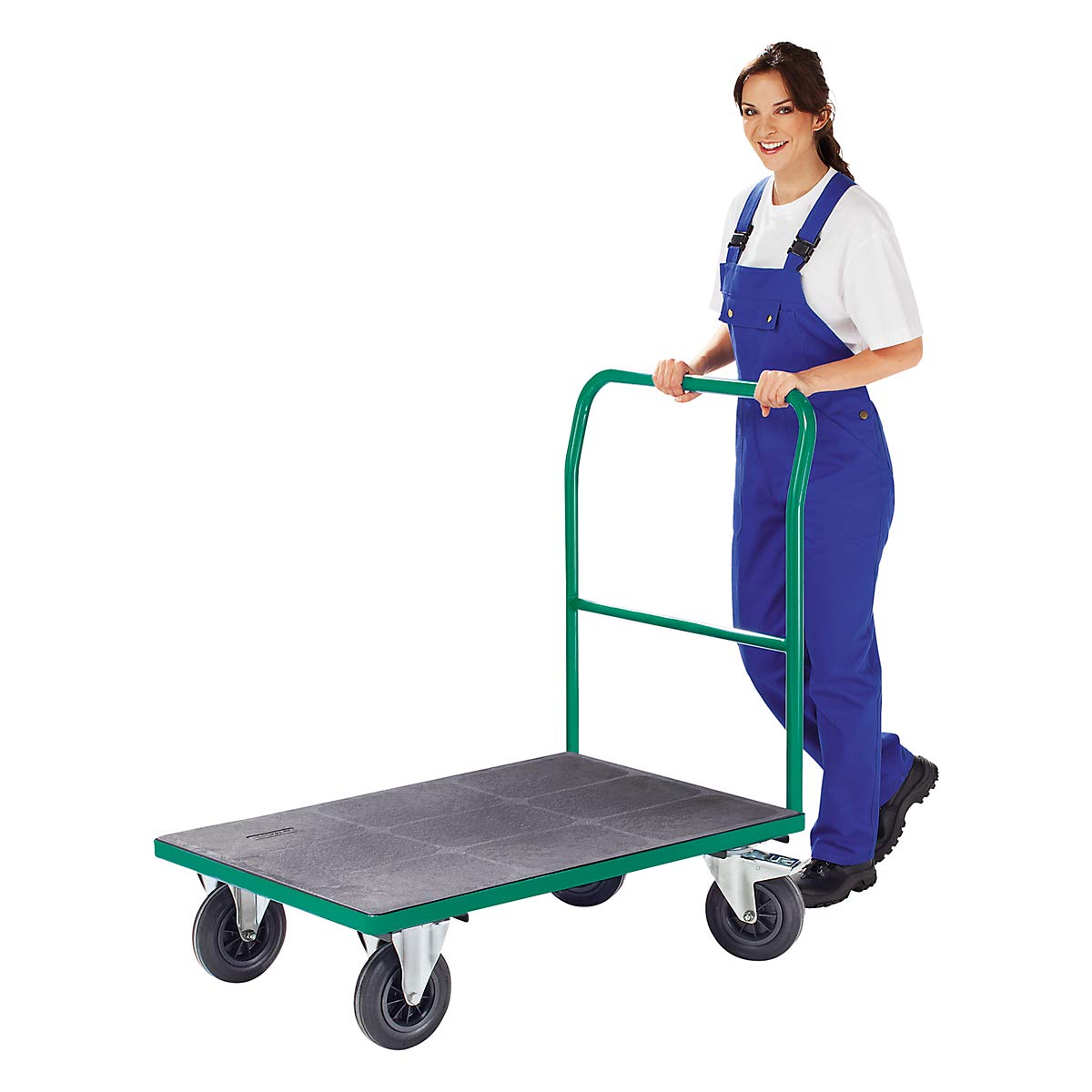 eurokraft | Plattformwagen | Rohrschiebebügel | Vollgummireifen | LxB 1050 x 700 mm | lichtBlau