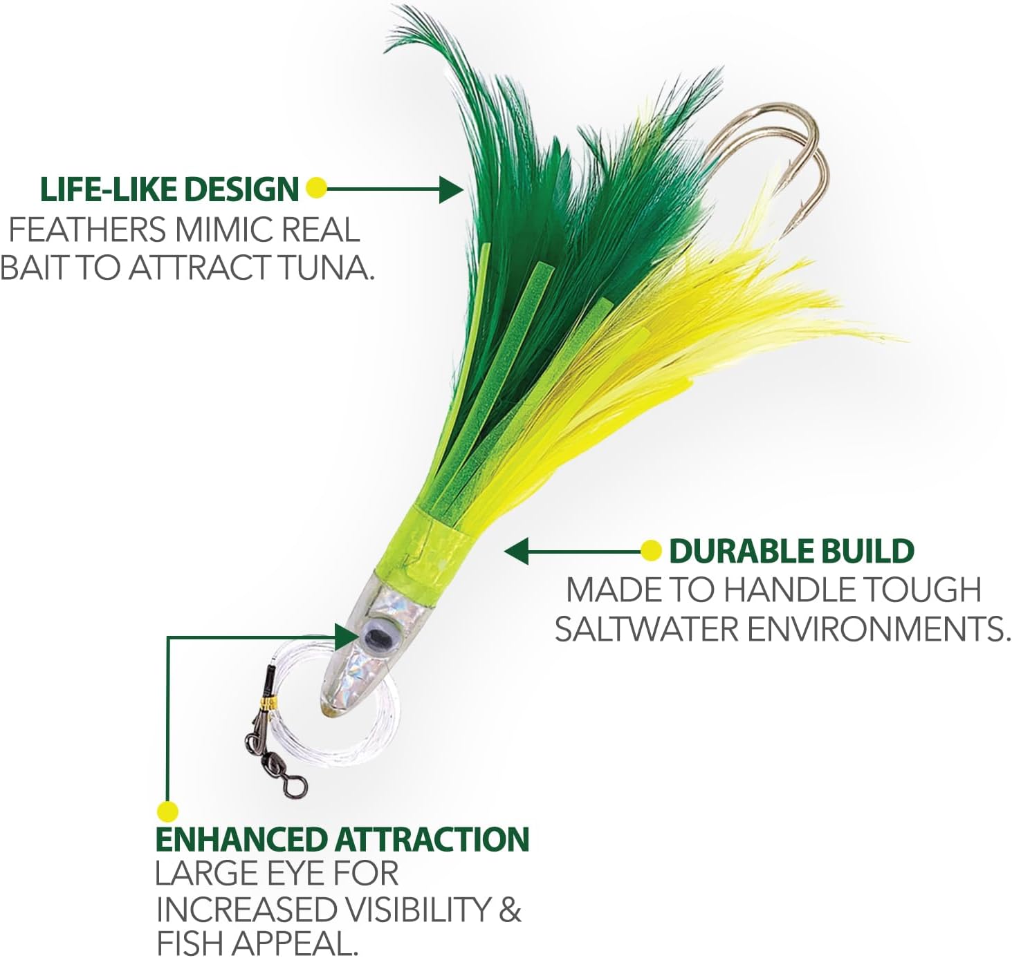 6" Tuna Feather Lures Kit, 3 Pcs Red White, Black Purple,Yellow Green, for Saltwater Trolling, Ideal for Tuna & Offshore Fishing