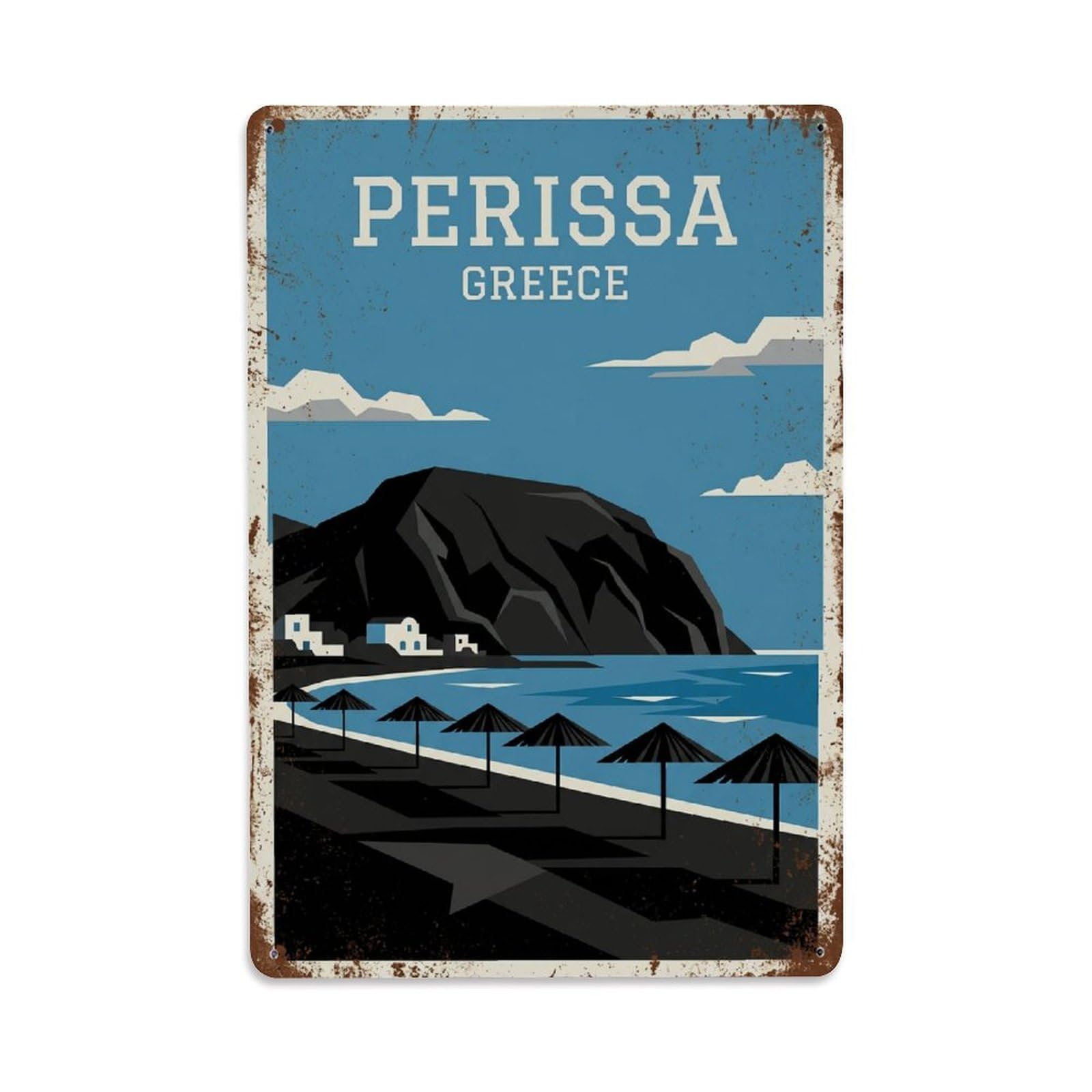 Fyrn Style Metal Tin Sign Vintage Travel Perissa Greece Volcanic