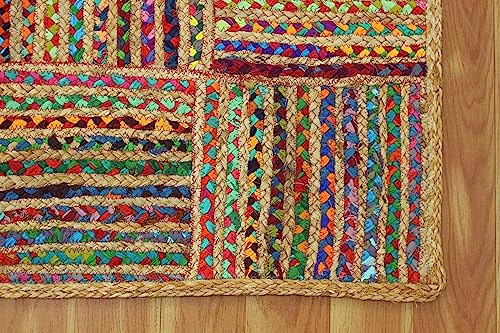 Image of Handmade Natural Jute Cotton Natural Fibers Floor /Door Mat Rugs Furnish Decor Striped Rectangular Design Carpet for Bedroom Living Room (JUTE0013, 2x3-Runner)