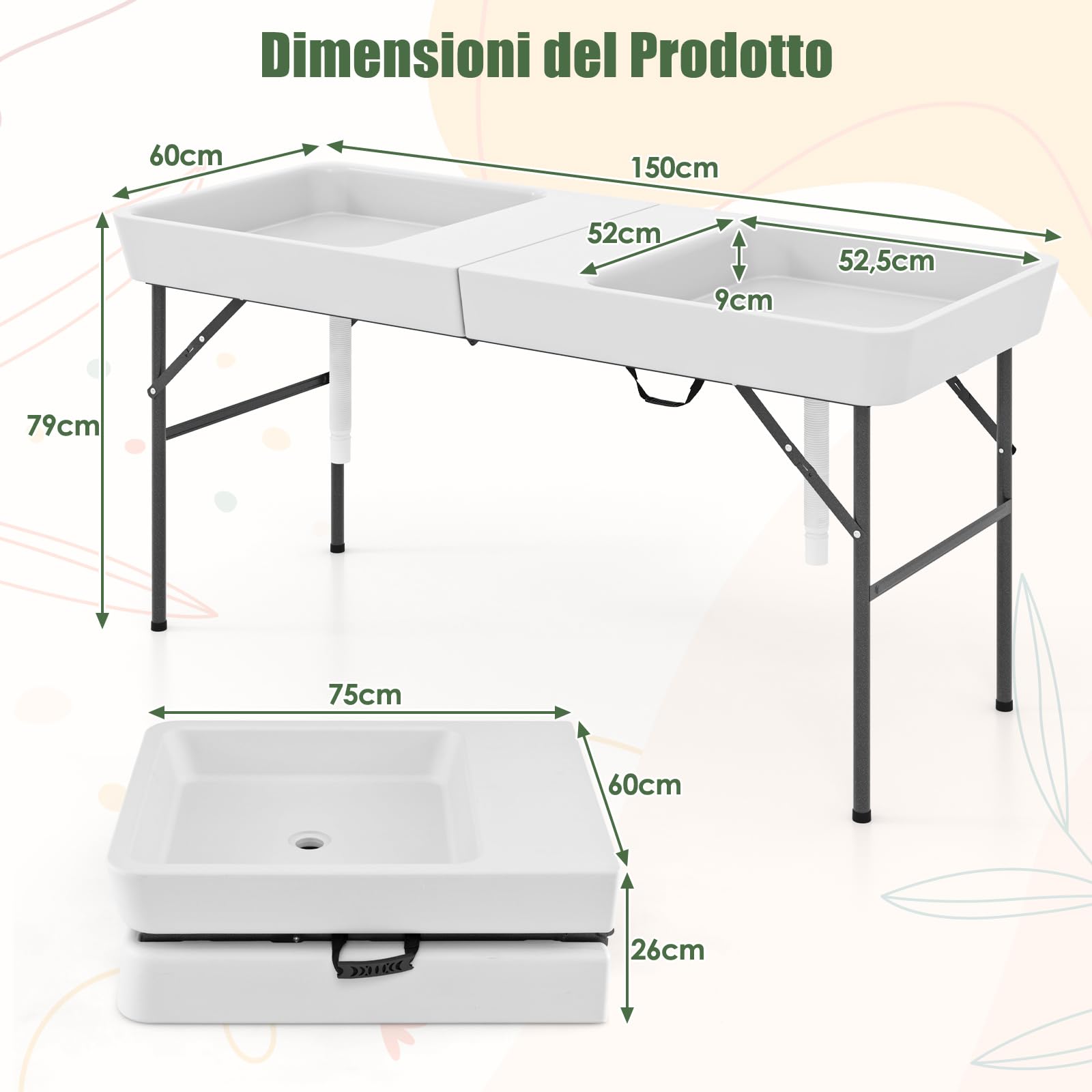 RELAX4LIFE Tavolo Refrigerante Pieghevole 150 CM per Bevande e Alimenti Freddi, con 2 Lavelli, Gonna Rimovibile, Tubo di Scarico Regolabile, Piano in HDPE, Tavolo del Ghiaccio Per Giardino, Campeggio