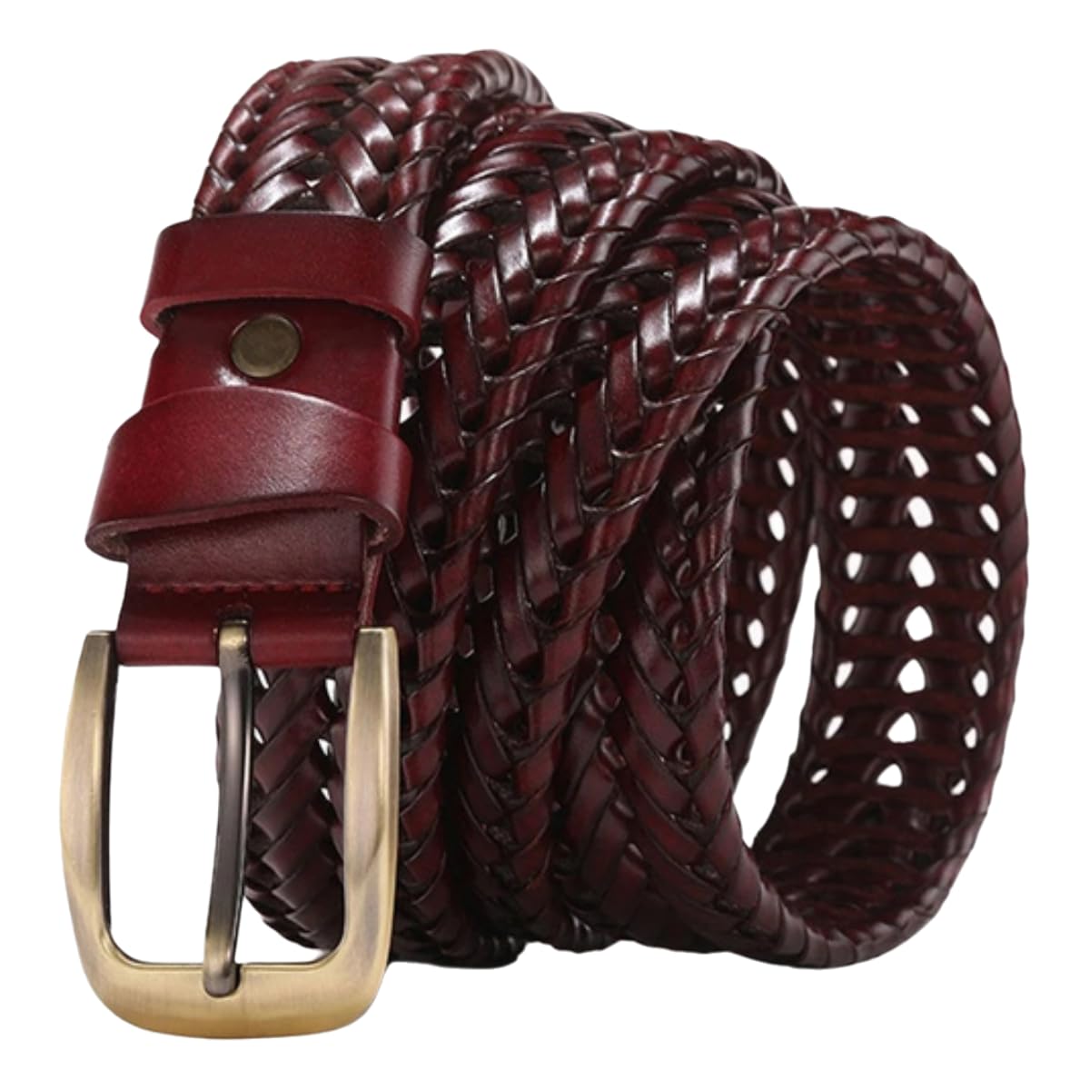 BDFCPC Belt Men's Genuine Leather Woven Belt, Handmade Vintage Gold Pin Buckle, Casual Denim Belt-wine Red-105cm