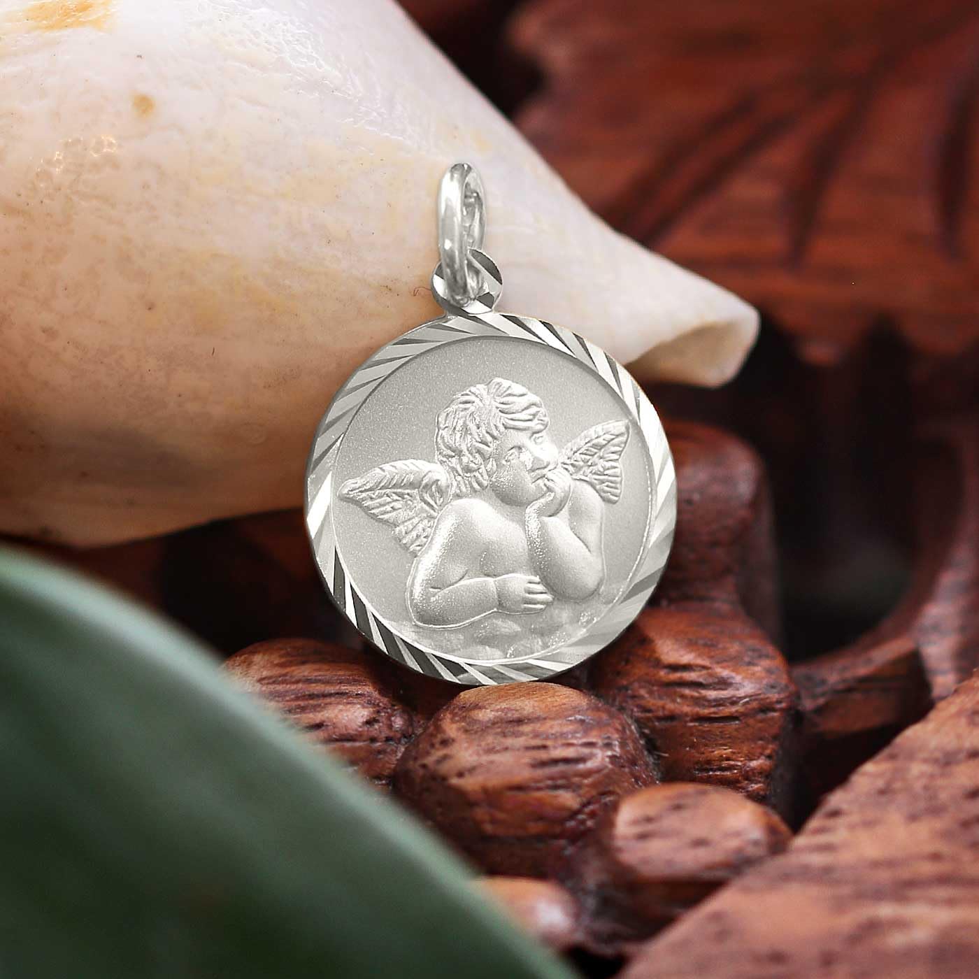 CLEVER SCHMUCK Silber Schutzengel Rund Anhänger matt 21 mm Rand diamantiert + Panzerkette 42 cm STERLING 925 im Etui creme
