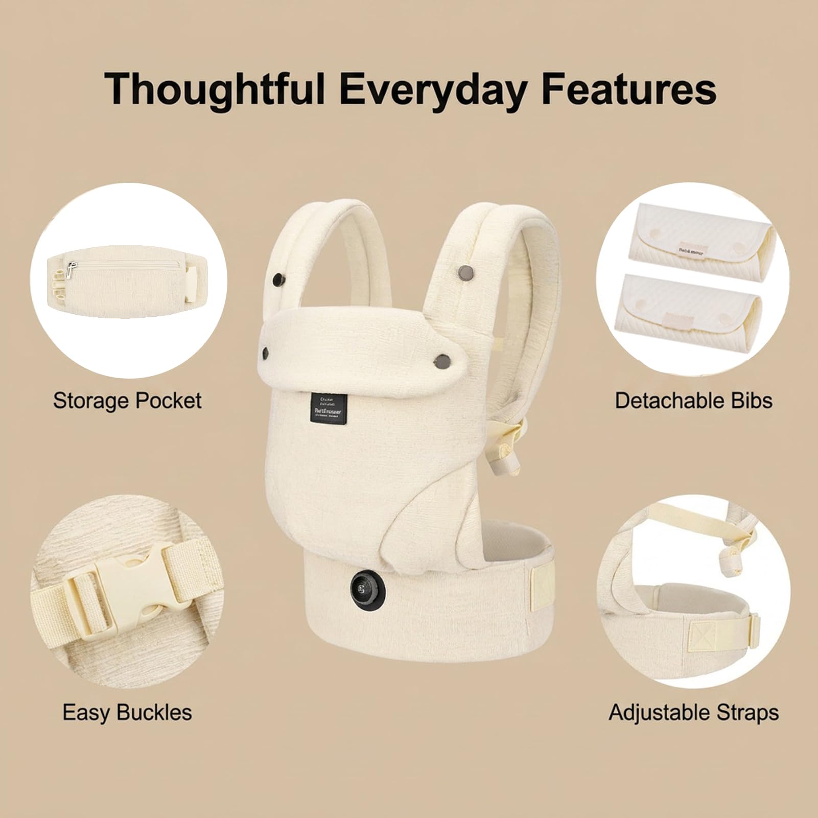 Bebamour Marsupio per bambini da 3,6 a 14,9 kg, ergonomico, confortevole, in cotone, anteriore e posteriore, beige