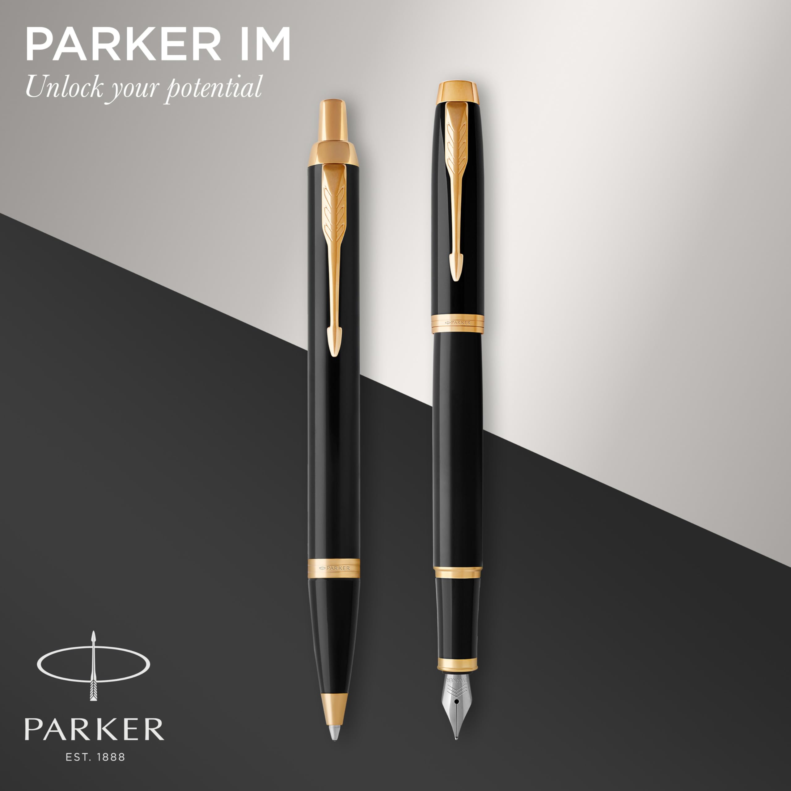Parker IM Duo Gift Set with Ballpoint Pen & Fountain Pen | Gloss Black with Gold Trim | Blue Ink Refill & Cartridge | Gift Box