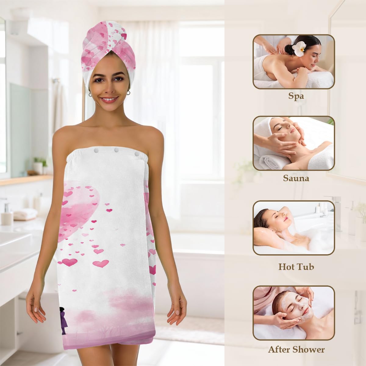 Mikrofaser-Duschtuch für Damen, mit Haar-Handtuch, Aquarell-rosa Herz zum Valentinstag, weiche Körperwickel, Kleid mit Haartrocknungskappe für Strand, Pool, Spa, 2 Sets