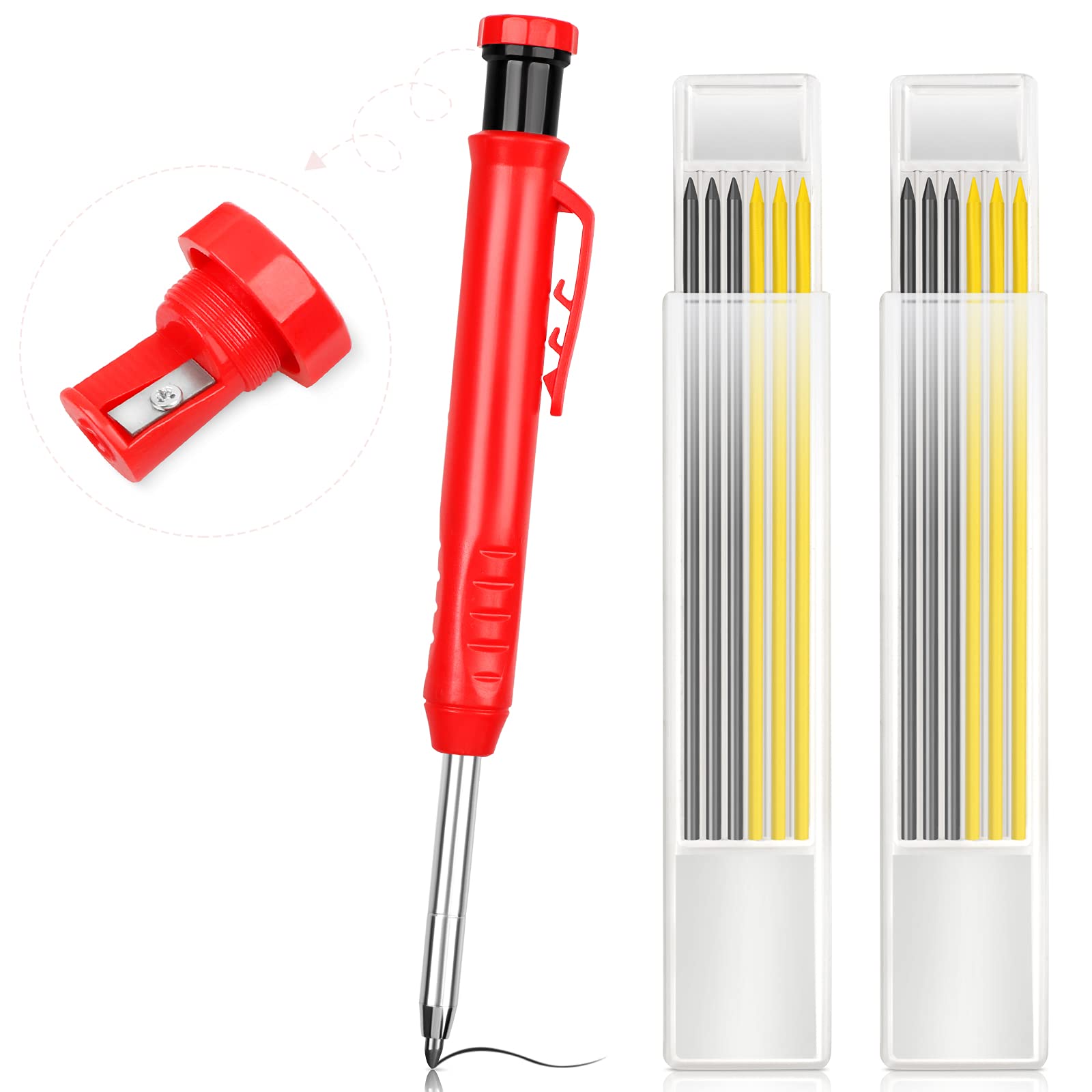 Deep Hole Carpenter Pencil, 14 Pcs Solid Work Pencil Set with Refill Leads Built-in Sharpener, Builder Long Nosed Mechanical Marker Marking Tool for Architects Or Carpenters, Yellow,Black