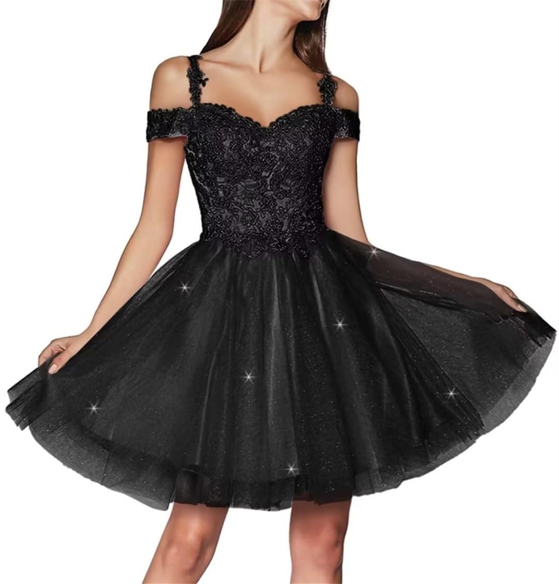 KURFACE Sparkly Tulle Homecoming Dresses for Teens 2024 Cold Shoulder Lace Applique Short Prom Dress Black A Line Ball Gown UK6