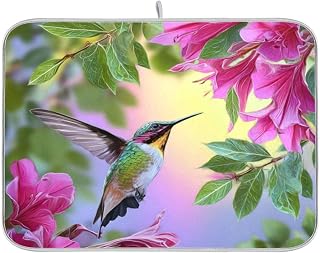 Tarity Hummingbird Flowers Dish Drying Mat for Kitchen Counter Absorbent Heat Resistant Microfiber Dishes Drainer Mat 18x24 in Large Dish Pad Sink Mat Protective Pad Kitchen Decor