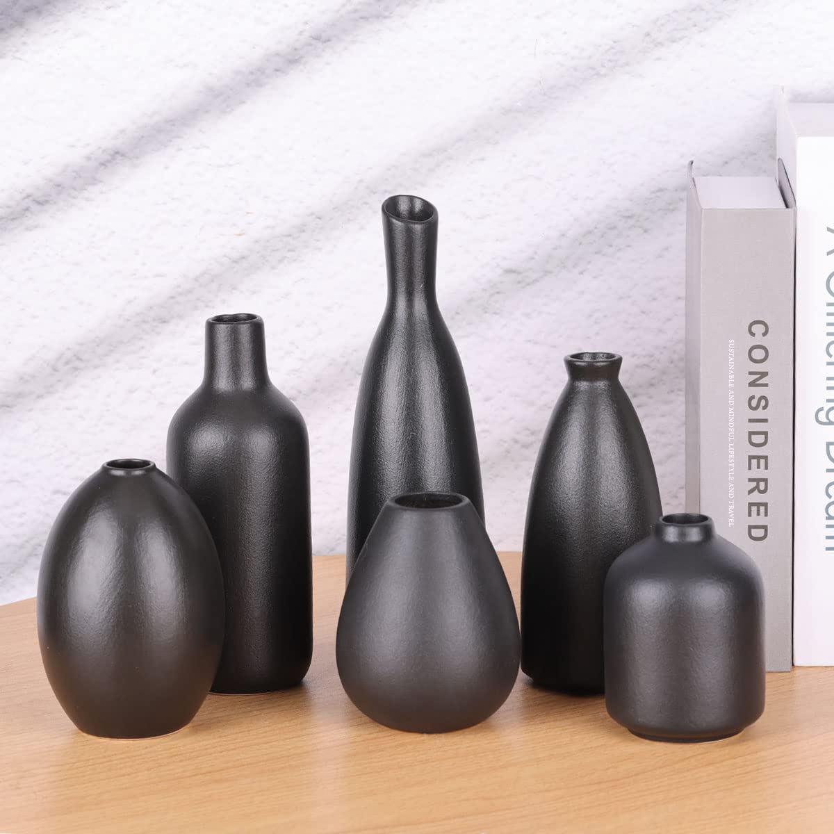 Set di 6 vasi in ceramica nera con gemme, decorazione per casa colonica, caminetto, mantello e mensola, casa per soggiorno, ingresso, bagno, cucina e ufficio, decorazione per tavolino da caffè