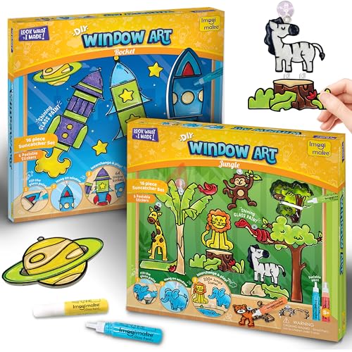 Imagimake Window Art Rocket & Jungle Bundle | Glass Painting Kit | DIY Arts and Craft Kits for Kids | Birthday Gift for Kids Ages 5 6 7 8 9 10 11 12 Years