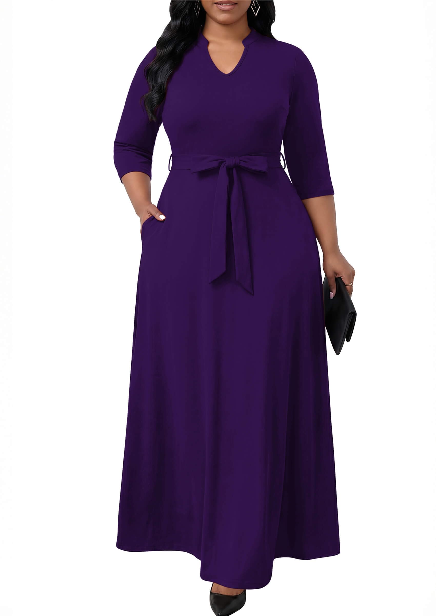 FANDEE Maxi Dress for Women, Casual V Neck 3/4 Sleeve Long Dresses with Pockets