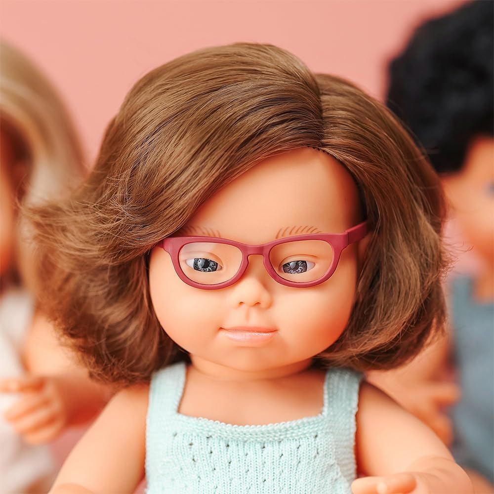 Miniland Doll 15'' Colourful Edition Caucasian Girl with Down Syndrome and Glasses with Turquoise Rompers (Box) - Made in Spain, Anotomically Correct, Quality, Inclusion