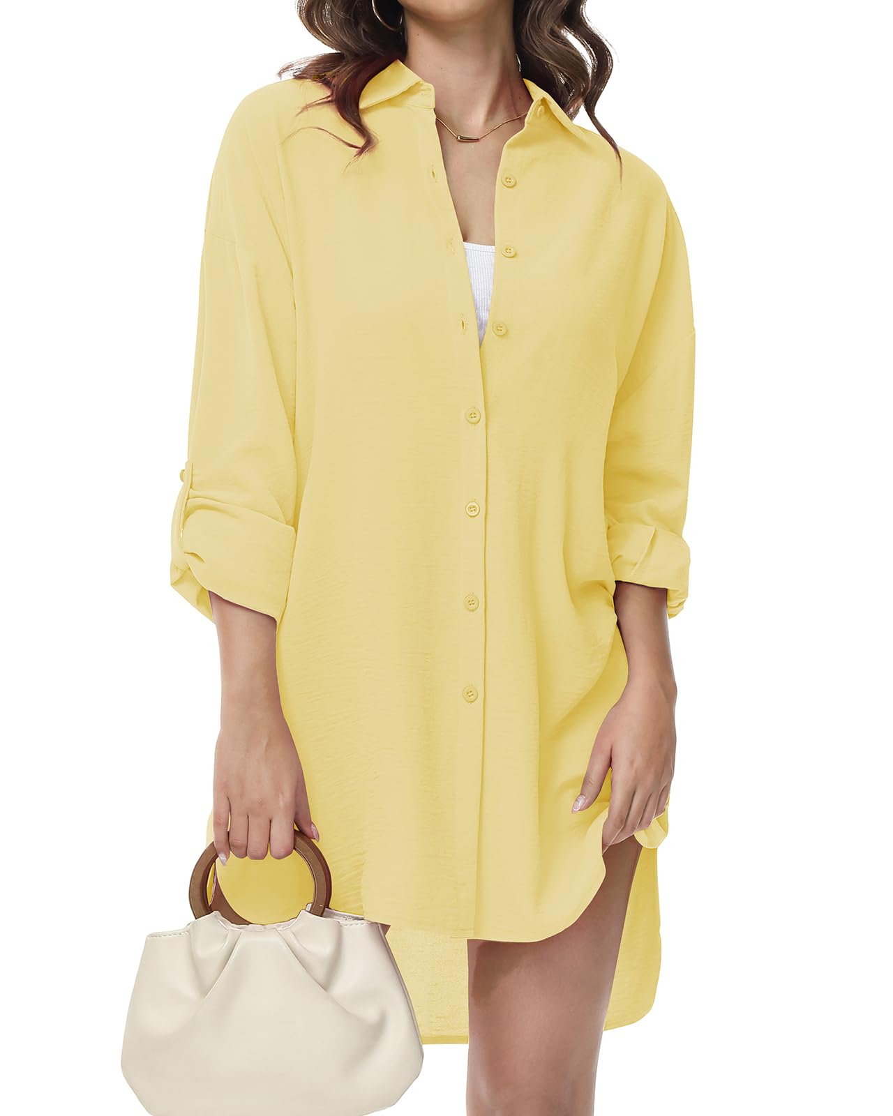 Tanmolo Damen Bluse V-Ausschnitt Hemdbluse Langarm Lässiges Hemd zum Knöpfen Langarmshirt Casual Oberteile Aufrollen Tops