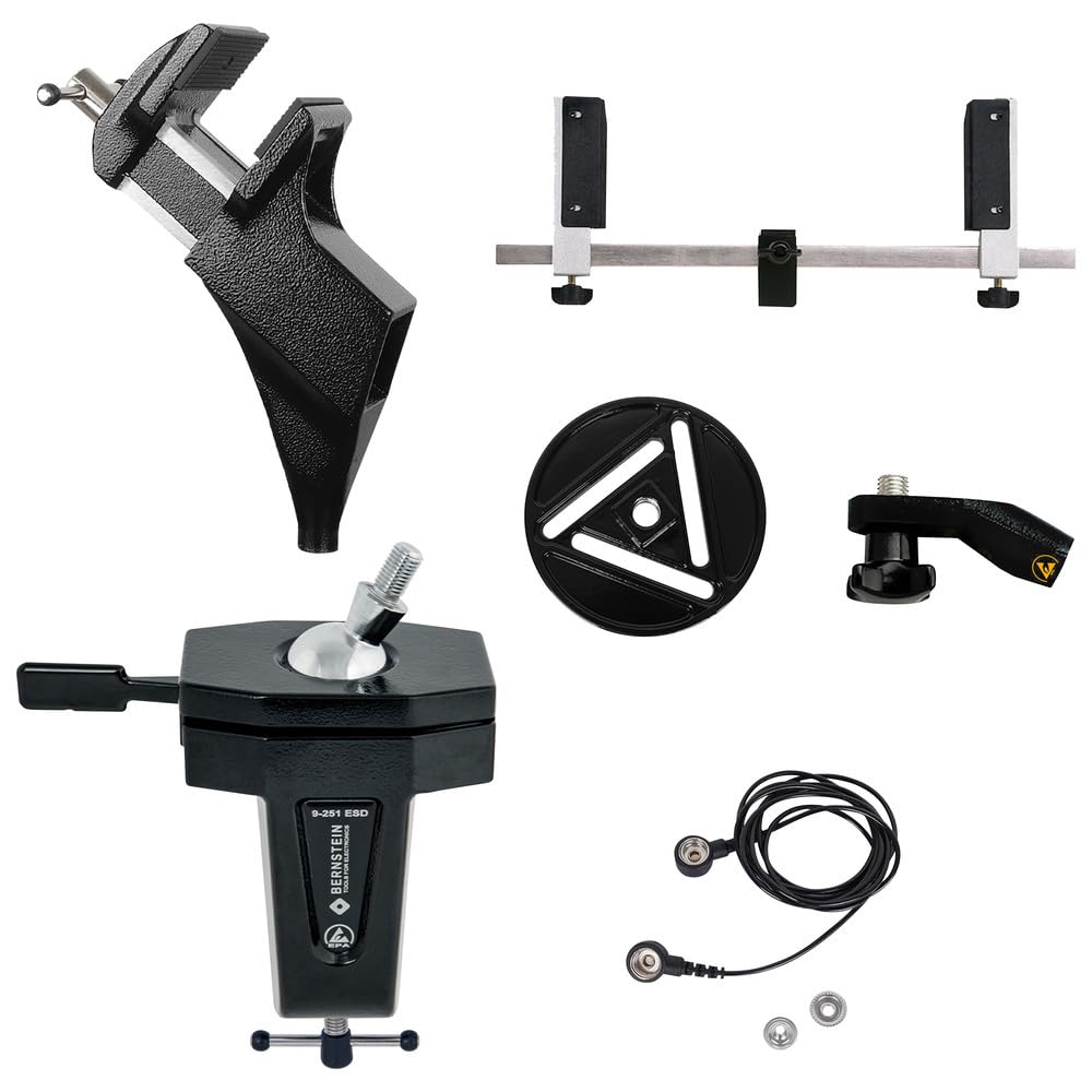 BERNSTEIN ESD Schraubstock Kugelgelenk-Kombination Spannfix Vario Zum Anklemmen + Kabel | Schraubstock Drehbar 360° | Neigungswinkel +/- 45° | Platinenhalterung justierbar von 25 mm bis 270 mm