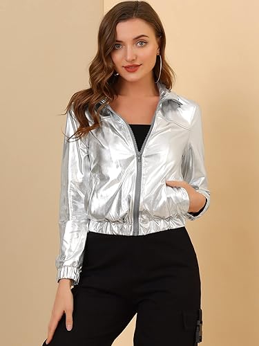 Miniatura 2 de Allegra K Chaqueta metálica holográfica brillante para mujer, manga larga, ligera, con cremallera