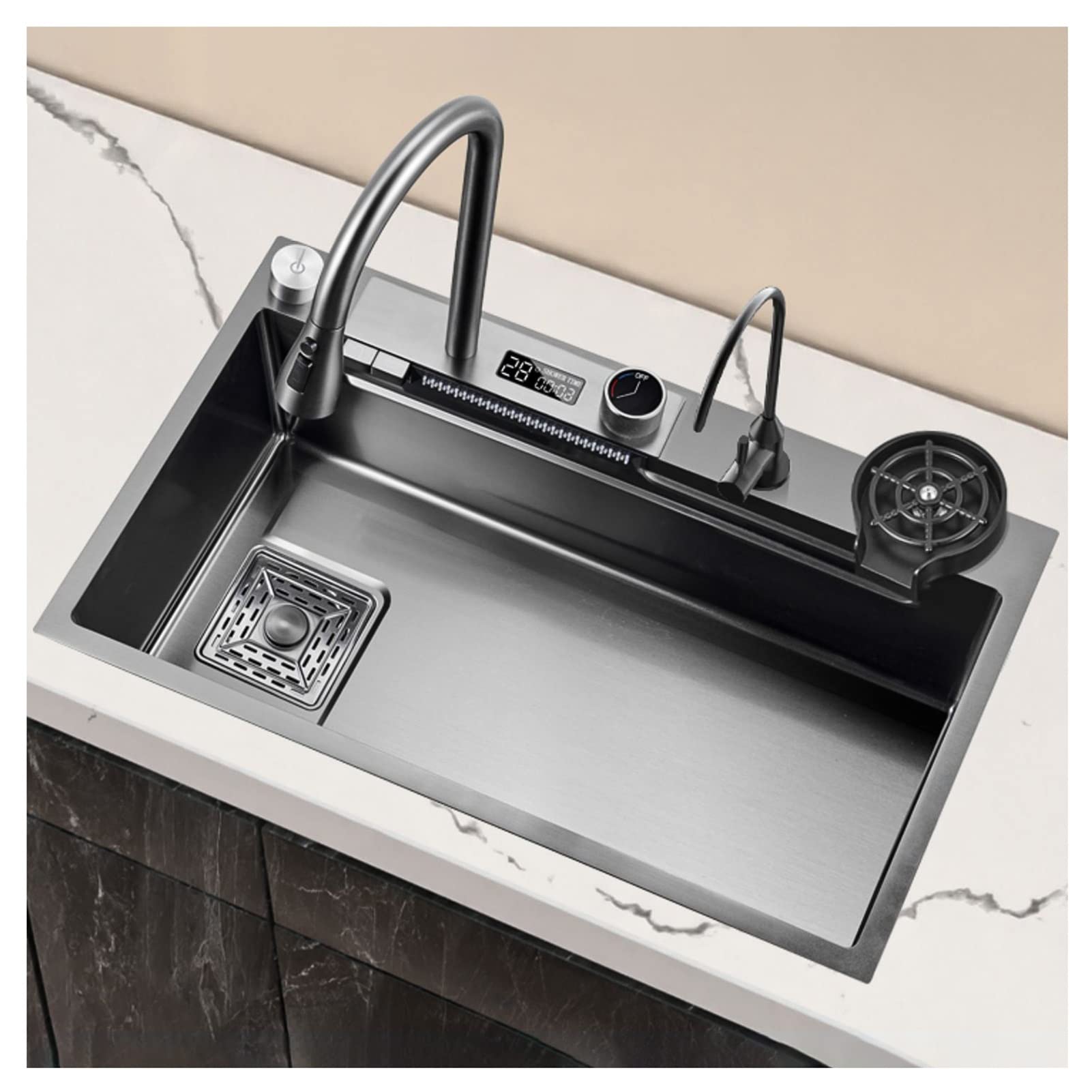 ZQFHSX Digital Display Flying Rain Waterfall Sink,Kitchen Sink,304 Stainless Steel Bar Sink, With Cup Washer Sinks, Drop-In Or Undermount Installation (Color : Black grey-B, Size 75x46x23.5cm)