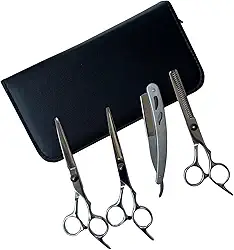 Kit Barbeiro Profissional com Tesoura Fio Laser Navalha Tesoura Desfiadeira Navalhete Estojo Cabeleireiro Corte Masculino Aço Inox Corte Preciso Tesouras para Cabelo e Barba