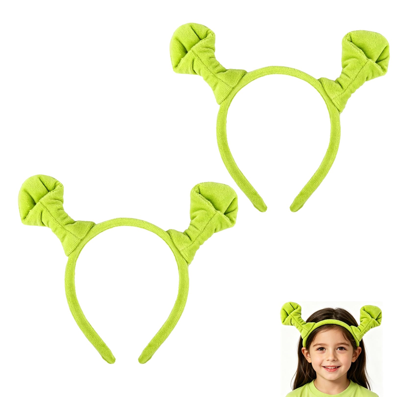 QiaoLiangYao Shrek Ears Headband, Green Funny Monster Headband for Kids and Adults, Soft Plush Alien Hairband for Halloween Cosplay Costume, Party, Makeup & Face Washing (1 or 2 Pack) (2pcs)