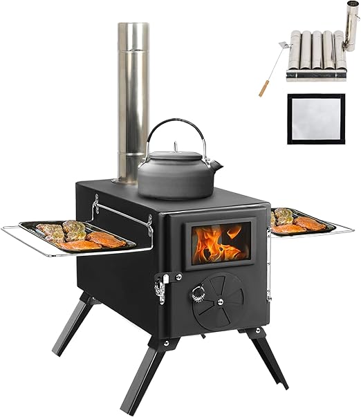 Portable Wood Burning Stove for Camping, Stainless Steel Chimney Pipe, Outdoor Heating & Cooking Hot Tent Stove for Hunting, Ice Fishing & Backpacking