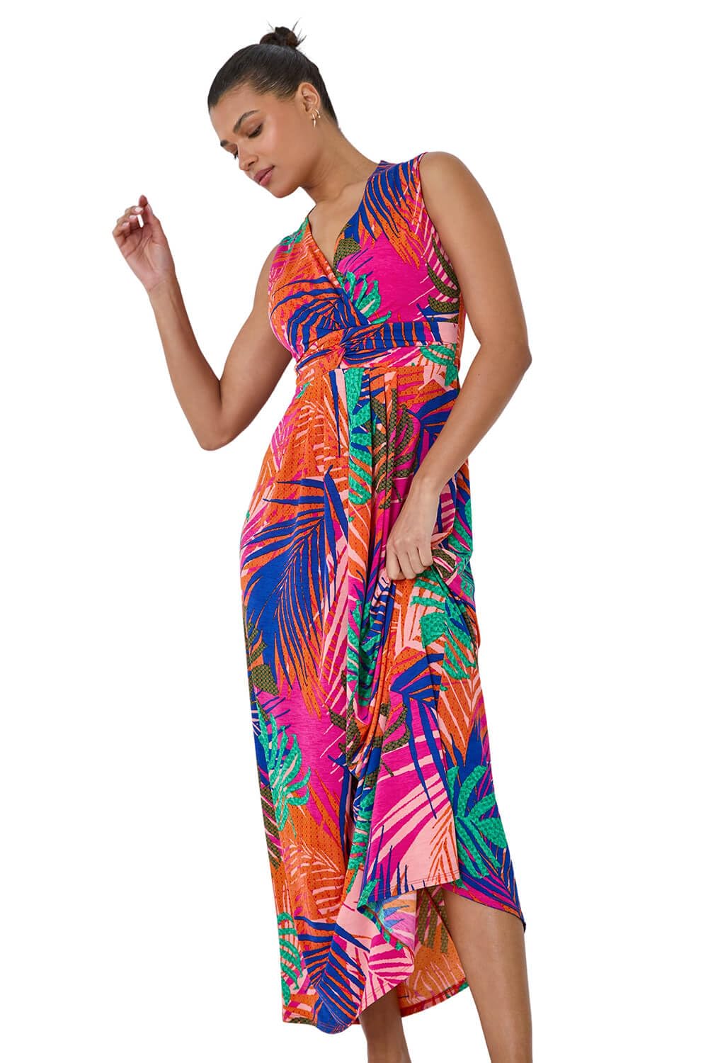 Roman Women's Pink Tropical Gathered Stretch Wrap Maxi Dress In Size 18