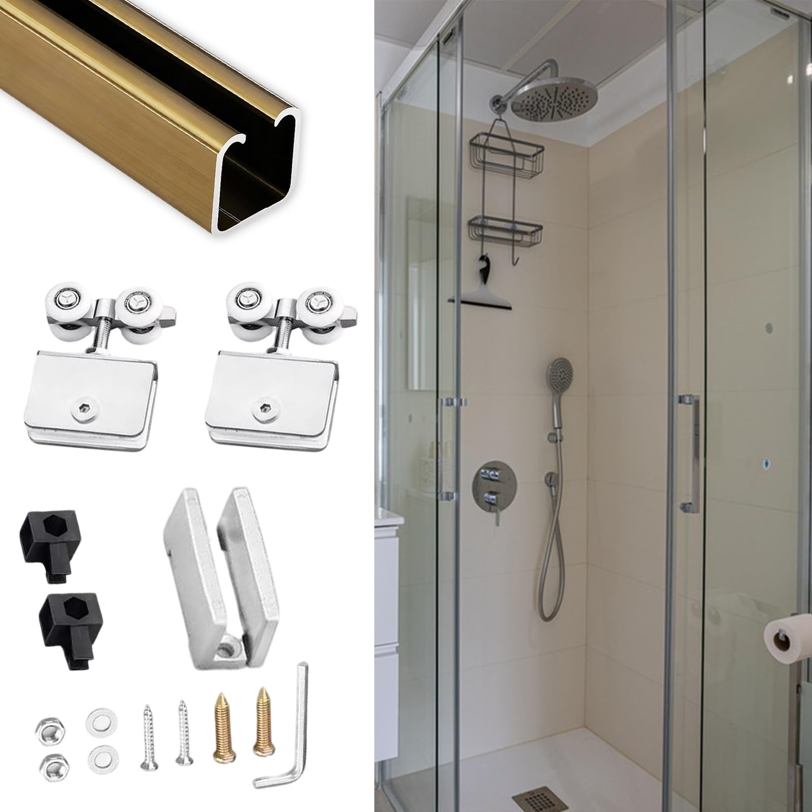 YDHSIKK Glass Sliding Door Track, 4-Wheel Sliding Door Track Replacement Kit For 5-8mm Glass Doors Multicolor Multiple Sizes(Champagne,40in/102cm)