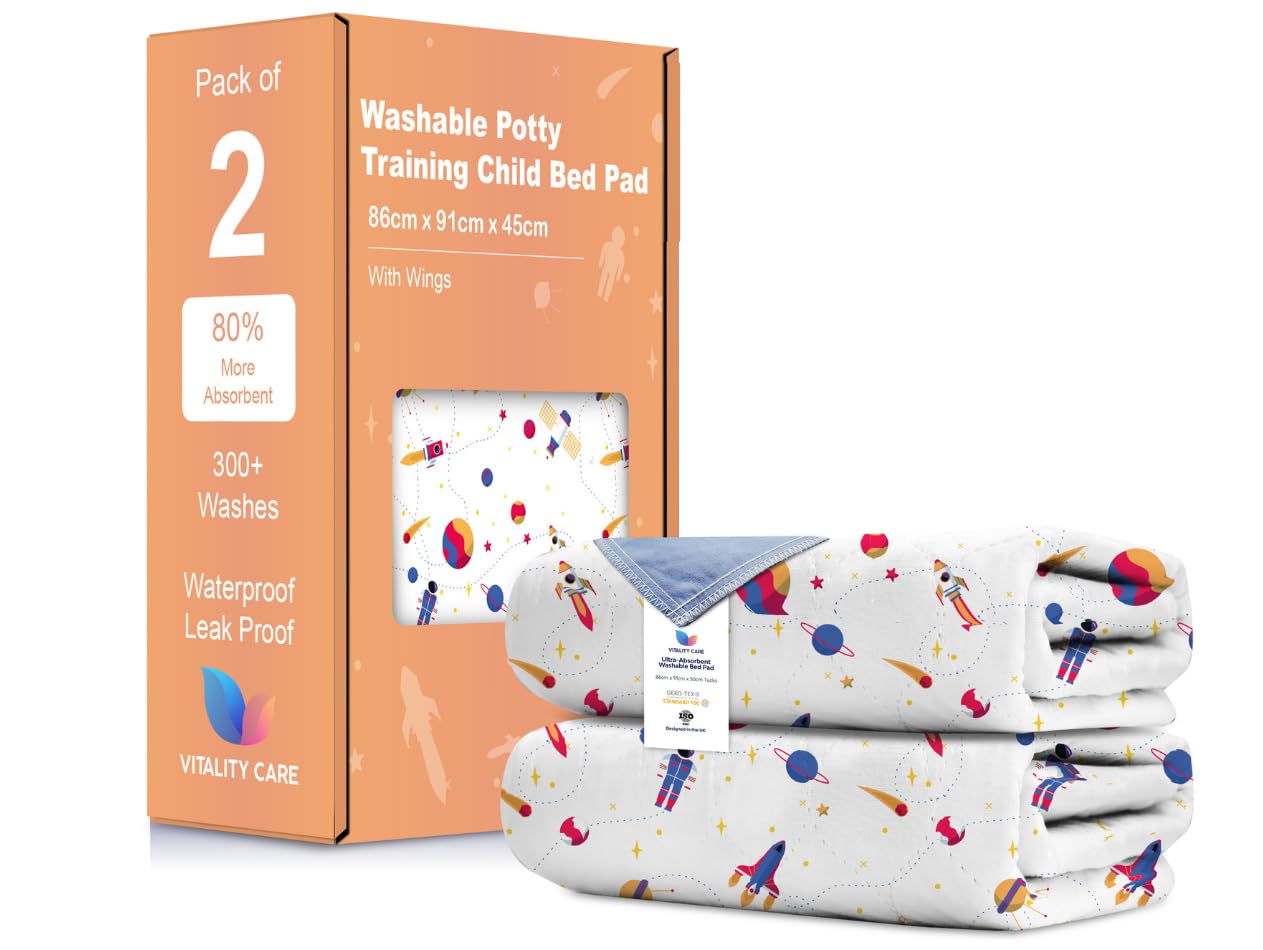 Vitality Care Potty Training Bed Pads, Waterproof Mattress Protector with Tuck-in Flaps, 5-Layer Protection, OEKO-TEX Standards, Space Design, Single Bed