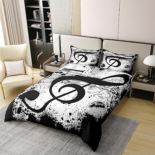 Music Notes 100% Cotton Duvet Cover Rock Music Themed Musical Pattern Bedding 100% Cotton Set for Kids Adults Grunge Design Duvet Set Ultra Soft Black White Room Decor King Zipper Quilt Cover - Image 3
